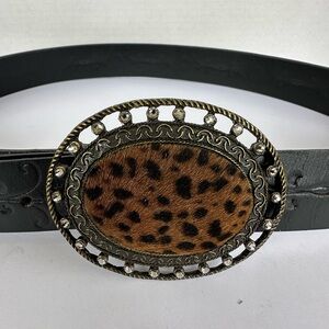Black leather Belt with Leopard Print Buckle